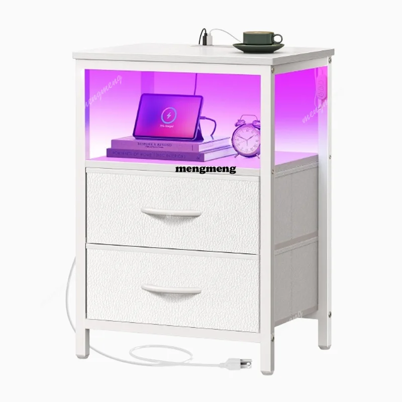 

Night Stand Charger Station and LED Lights 2 Drawer Nightstand Open Shelf End Table Fabric Dresser for Bedroom PU Leather White
