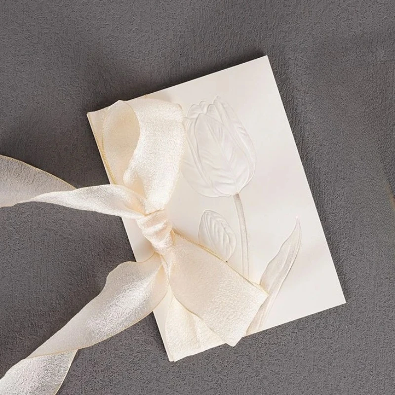 

2 Pcs Greeting Ribbon Love Letter Cards Vintage Embossed Paper Wedding Vow Pary Birthday Festive Anniversary Accessories Set