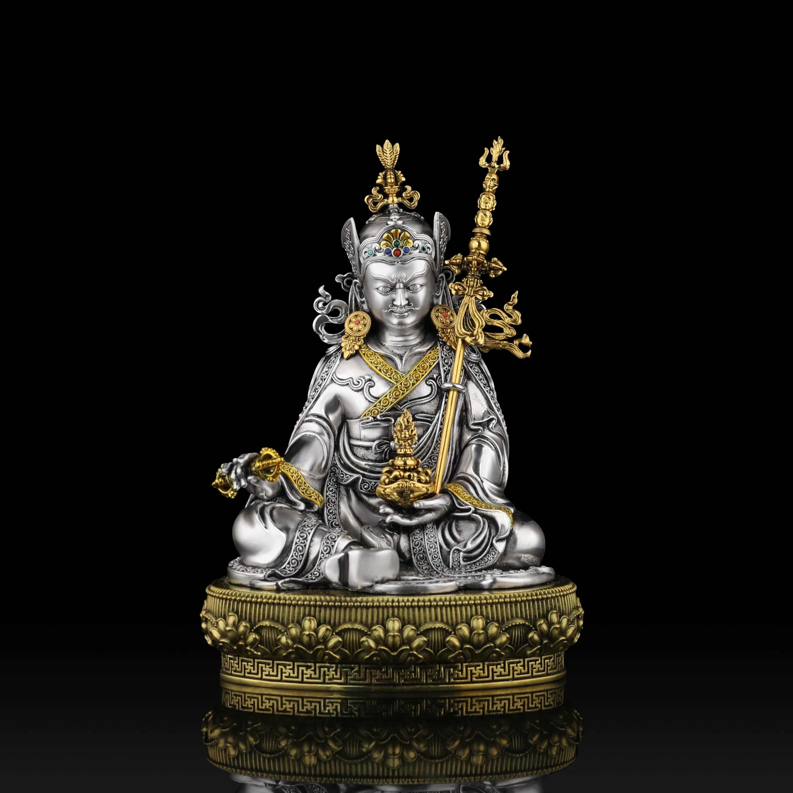 Tibetan Pure Copper Silver-Plated Padmasambhava Guru Rinpoche Statue 15cm Home Altar Blessing
