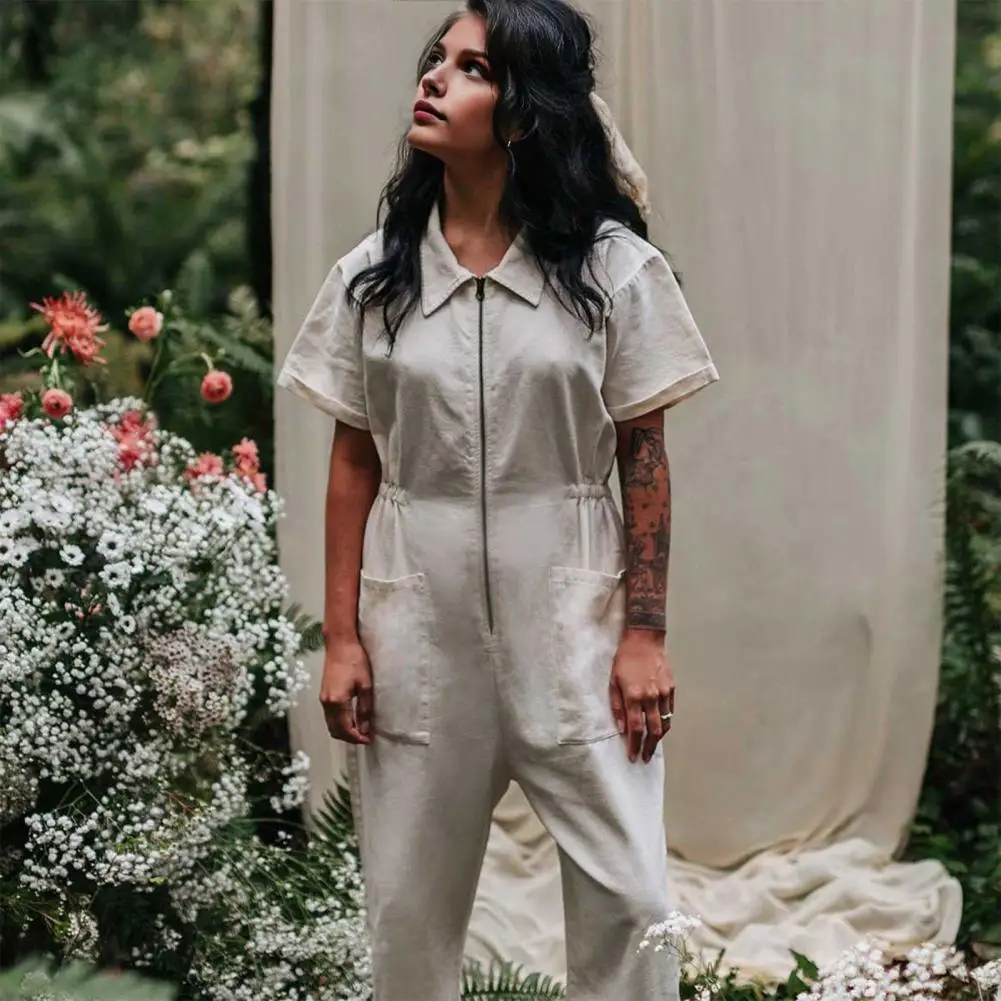 Women Jumpsuit Ankle Length Long Jumpsuit with Half Zipper Turn-down Collar Patch Pockets Casual Style for Women's Daily Wear