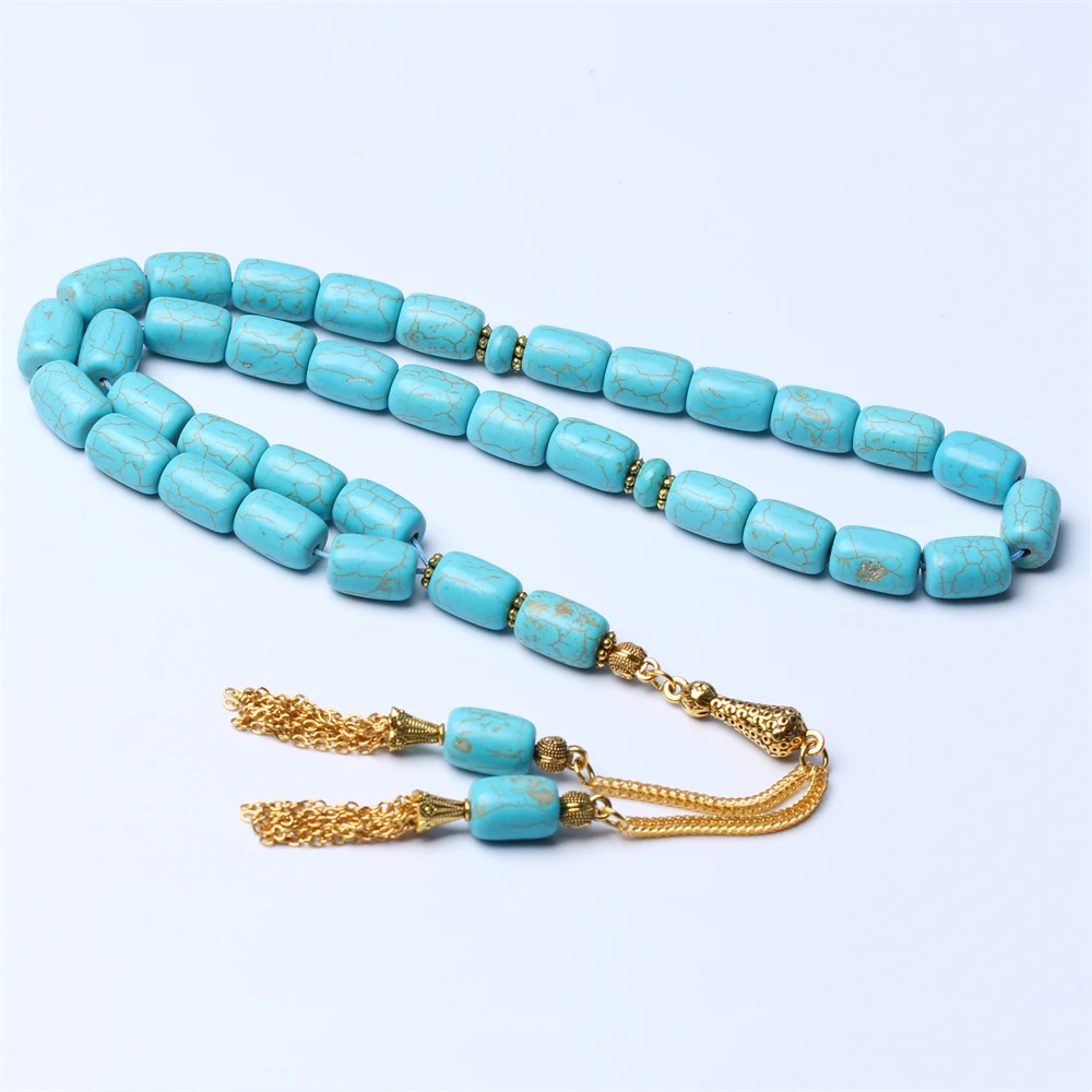 

Tasbih Prayer Beads Sibha Blue Synthetic Turquoise Stone 33 Rosary Masbaha Muslim Tespih Islamic Gold Tassel
