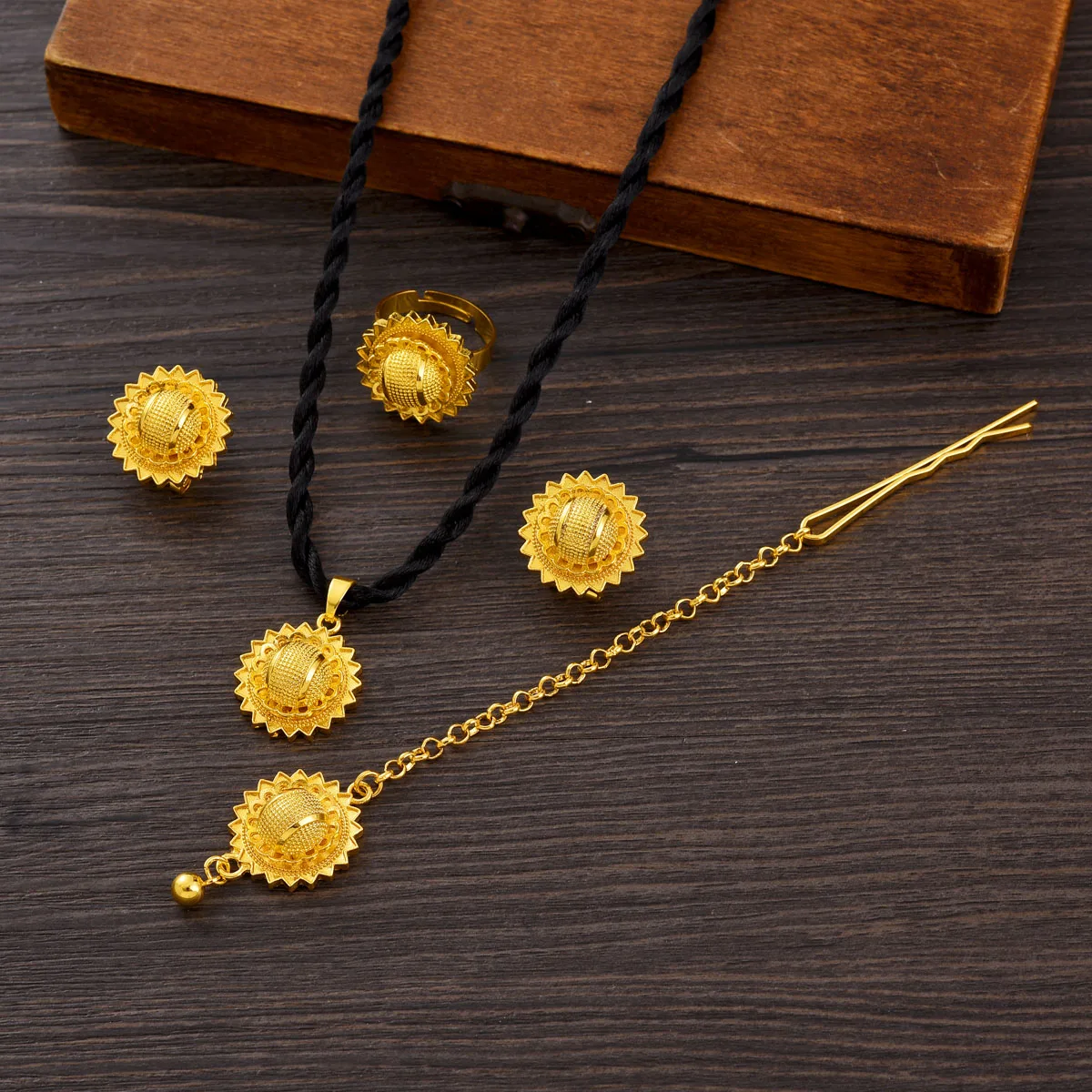 Golden Color Ethiopian Jewelry set Pendant Earrings Ring Head Chain 4-Piece Sets African Eritrean Wedding Engagement Gift #TZ099