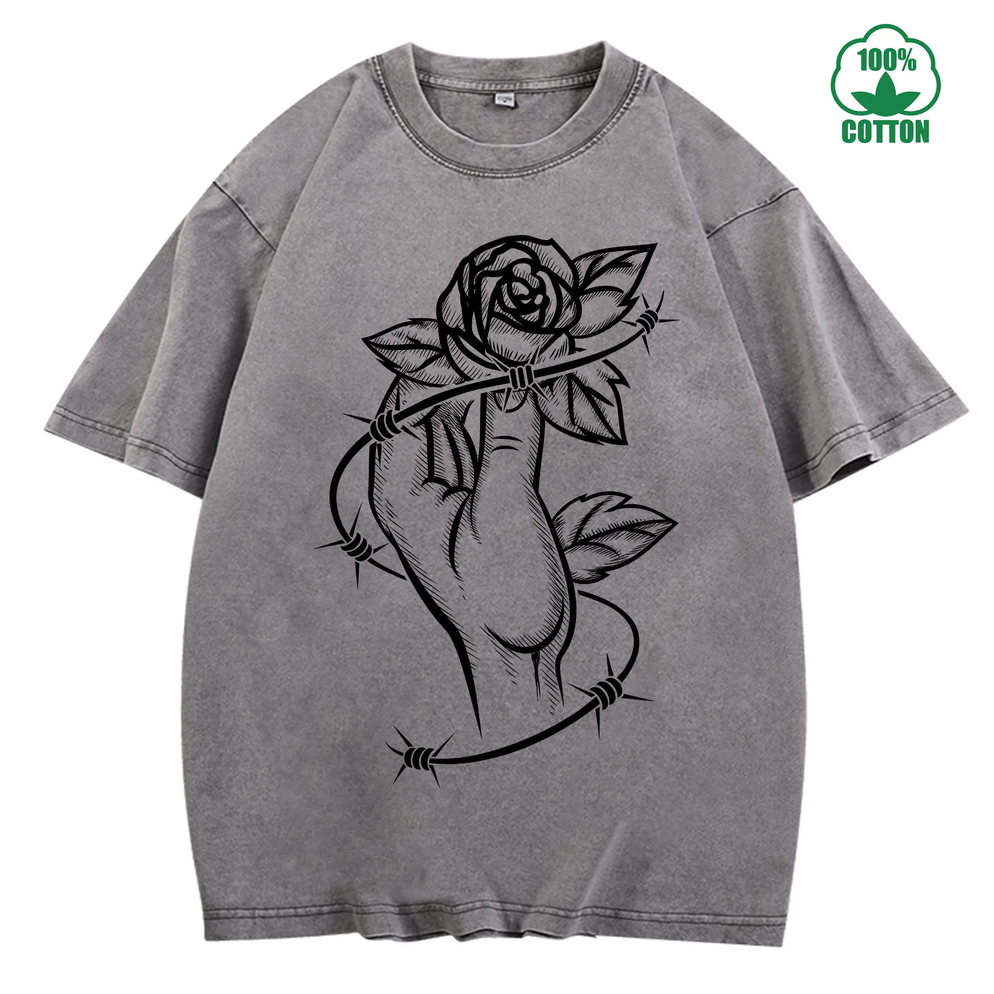 شوك أنيقة ​     تي شيرت عتيق مغسول 230 جرام 100% قطن مريح كبير الحجم ملابس الشارع للجنسين