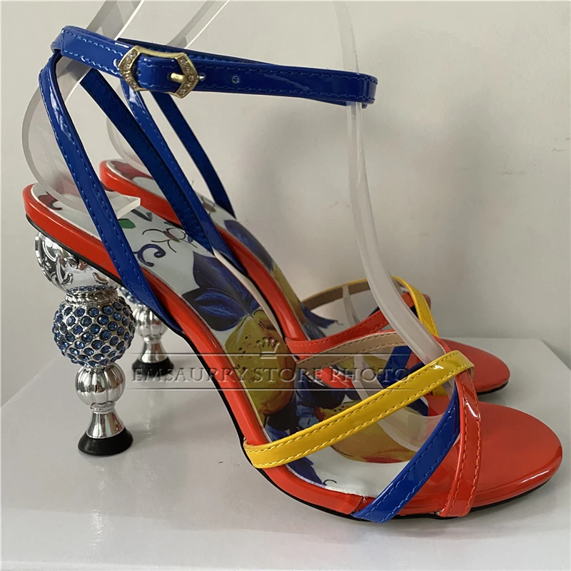 Jeweled Crystal Metal Strange Heel Sandals Women Sexy Cross Narrow Band Printed Flower Color 2024 Summer Banquet Shoes Woman