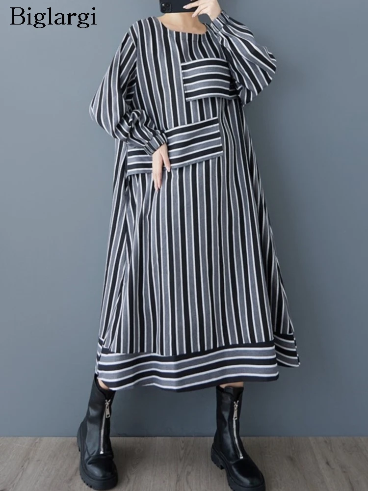 Oversized Autumn Striped Print Dress Women Ruffle Pleated Fashion Long Sleeve Ladies Dresses Casual Woman A-Line Long Dress