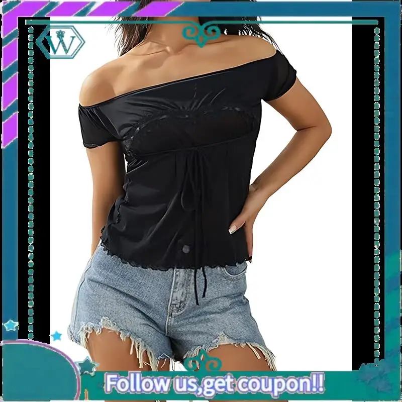 A09P Women Fairy Grunge Y2k Shirts See Through Square Neck Lace Patchwork Tops Vintage Goth Aesthetic Clothing
