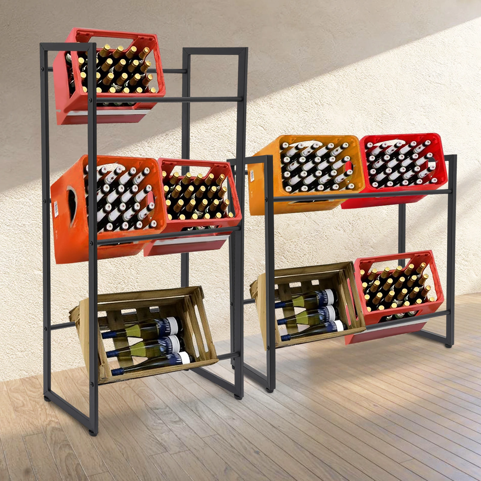 Modern Drinks Crate Rack Beverage Crate Holder Wine Case Holder Beer Case Stand Shelf for 5 Boxes  2/3Tiers Black