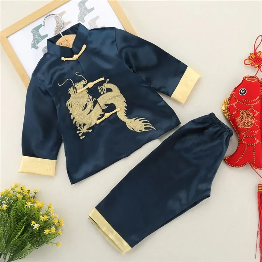 Chinese Stijl Dragon Tang Pak Jongen Verjaardag Nieuwjaar Feest Festival Outfit Kung Fu Wushu Top Broek Set Uniform Kids Kostuum Cadeau