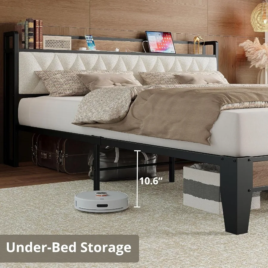 إطار سرير كينج كاليفورنيا مع لوح رأسي للتخزين المتكامل وإطار سرير بمنصة شحن مدمجة يتميز بمتين #4