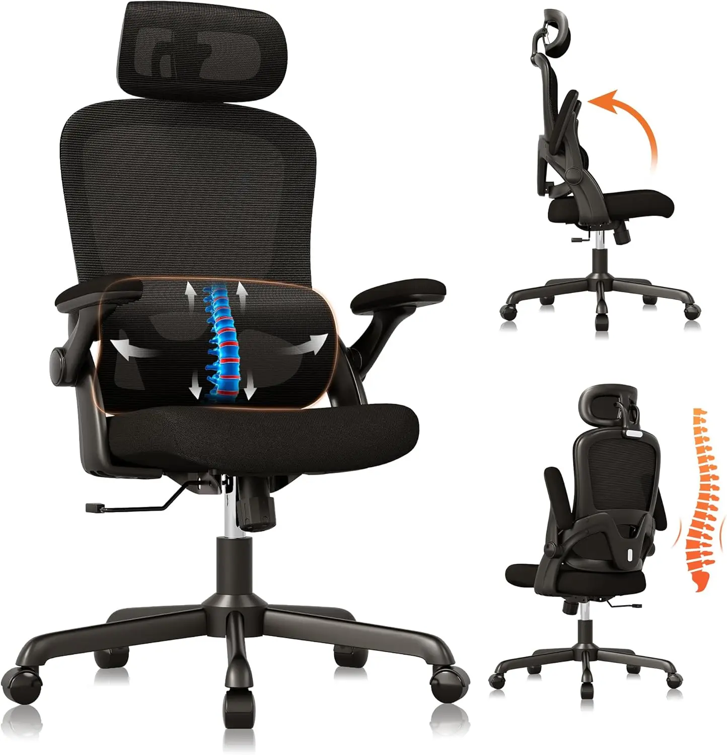 Ergonomic Office Chair, High Back Mesh Desk Chair with Adjustable Lumbar Support, Flip-Up Arms, Headrest, Tilt Function