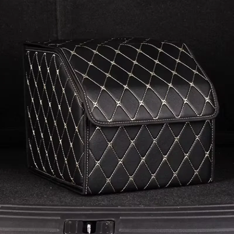 1pc 30cm Car PU Leather Trunk Storage Box, Portable Foldable Storage, Car Multi-purpose Storage, Car Trunk Bag, Car Storage Box