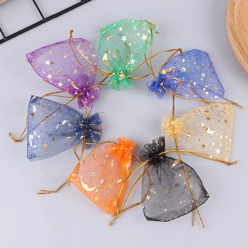 100pcs/lot Star Moon Organza Jewelry Bags Tulle Sheer Sachets Drawstring Gift Bag Wedding Party Favor Pouches Jewelry Organizer