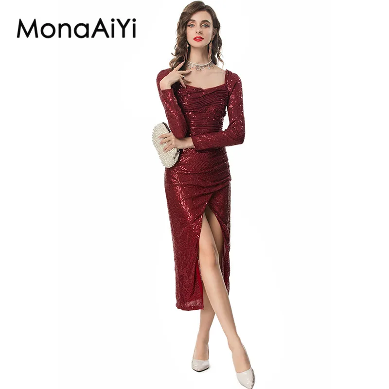 

MonaAiYi Sequins Slim Dress Square-Neck Long-Sleeved High Waiste Sexy Split Autumn Women's Evening Dresses