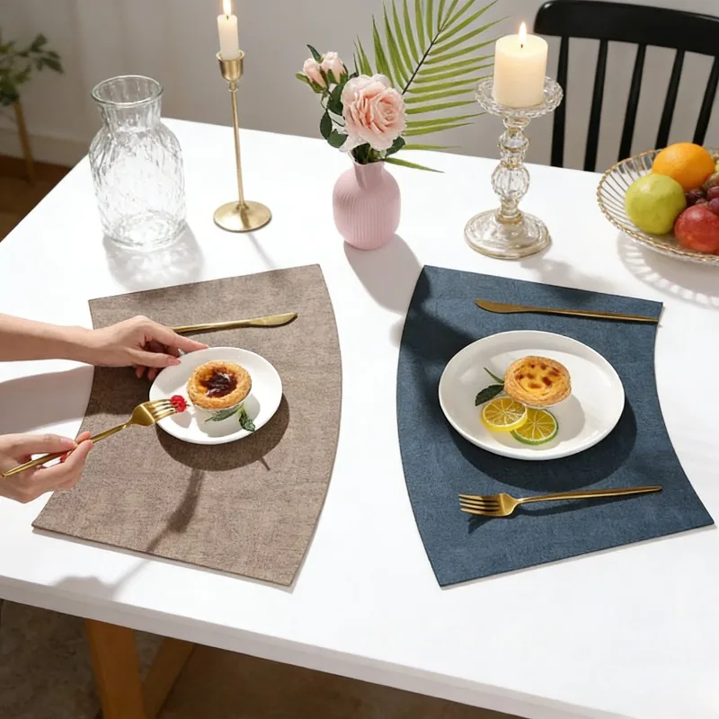 2PCS Chinese Style Fan Shaped Leather Placemat Round Grain Oil Proof Heat Resistant Non Slip Mat Hotel Home Private Dining Rooms