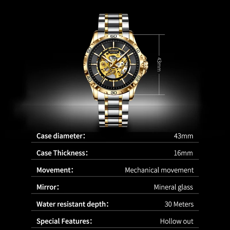 GLENAW Design Wheel frame dial mechanical watch men luminous waterproof luxury high quality automatic watch stainless steelstrap