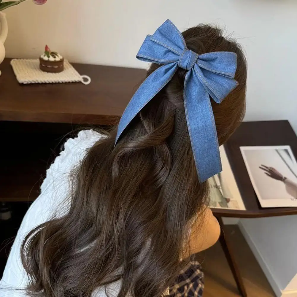 Korean Fashion Denim Blue Ribbon Bow Hair Clips for Woman Girls Sweet Elegant Hairpins Duckbill Clip Barrettes Banana Clip K6Q7