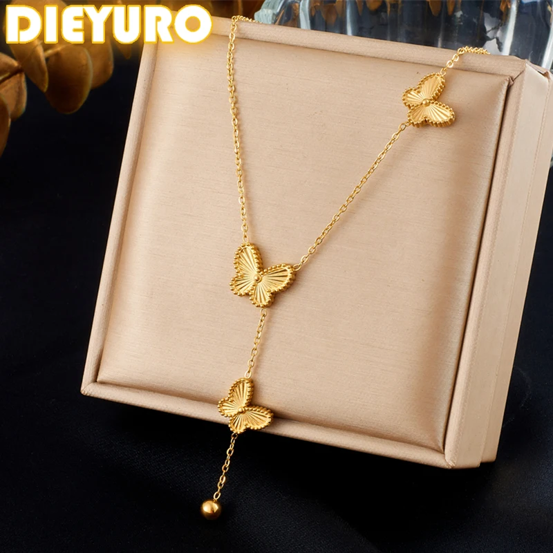 DIEYURO 316L Stainless Steel Golden Double-sided Floewr Butterfly Pendant Necklace Women New Fashion Trend Neck Jewelry Gift