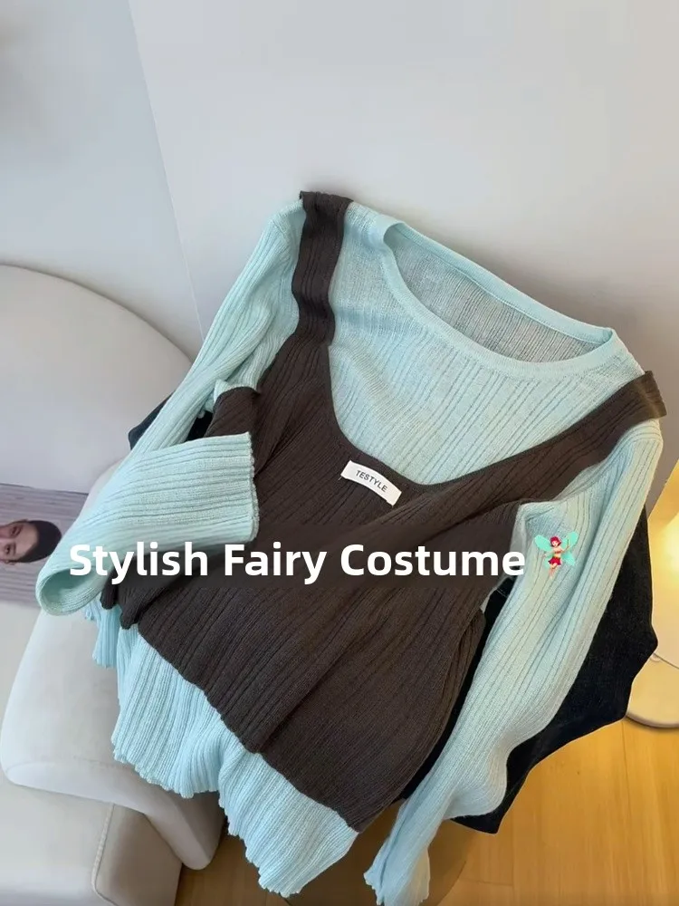 

Korean Style Early Autumn Knitted Top Women's Design Sensation Small Audience Blouse Strap Splice Fake Two-Piece Knitwear