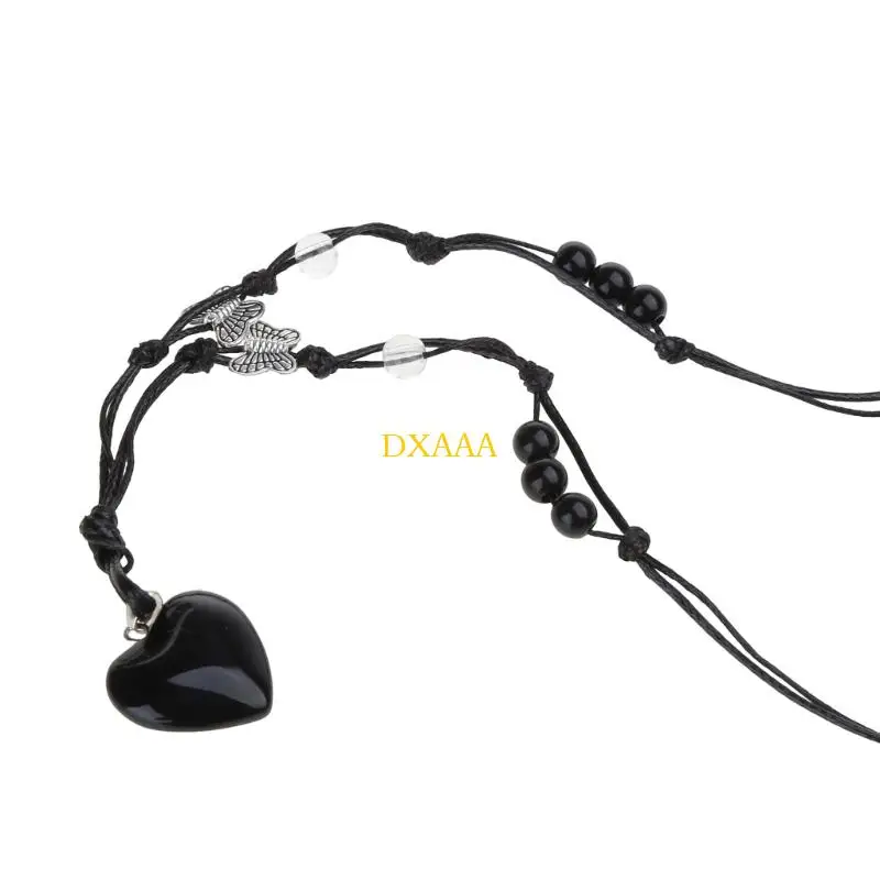 DXAA Gemstone-Pendant Necklace Natural Heart Stone Choker Chain Woven Rope Clavicle