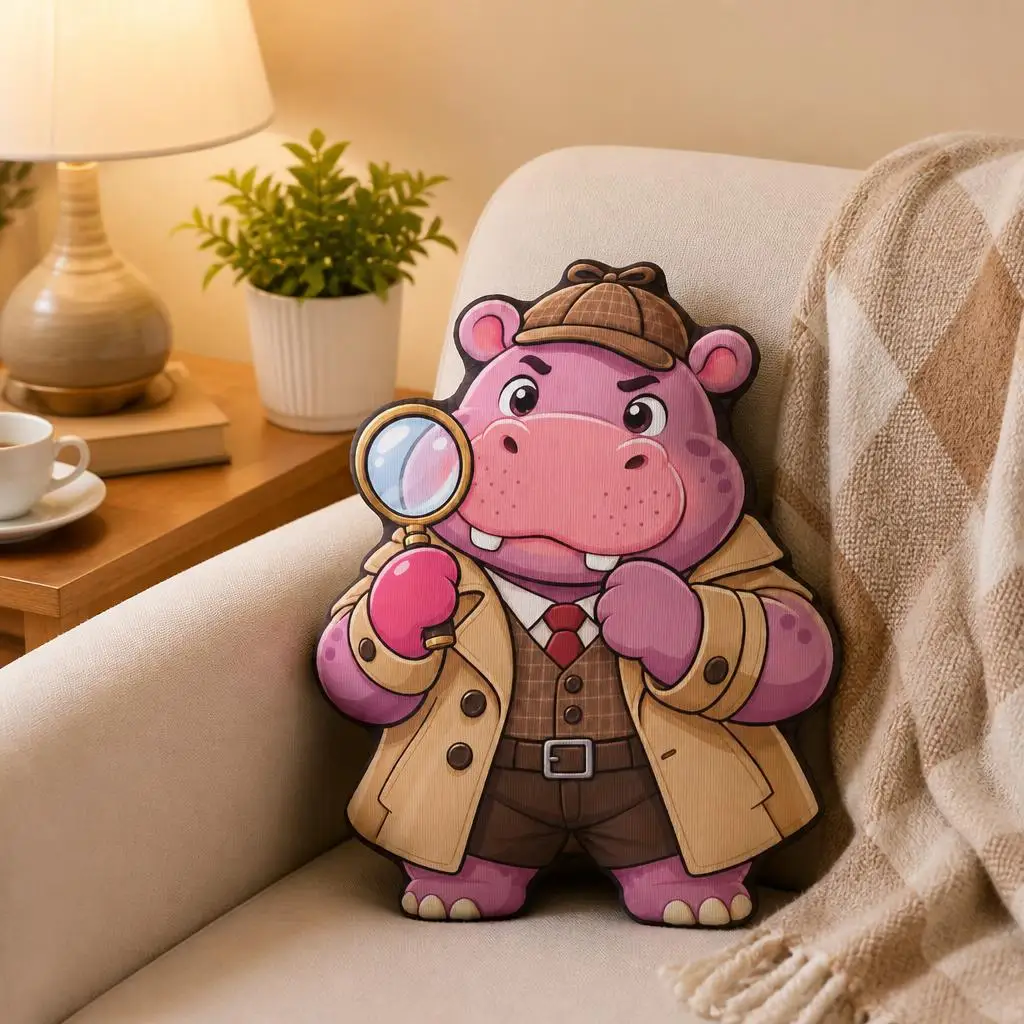 Detective Hippo Shaped Pillow Cute Cartoon Cushion Stuffed Throw Pillow for Sofa Home Decor Gift for Mystery Enthusiasts