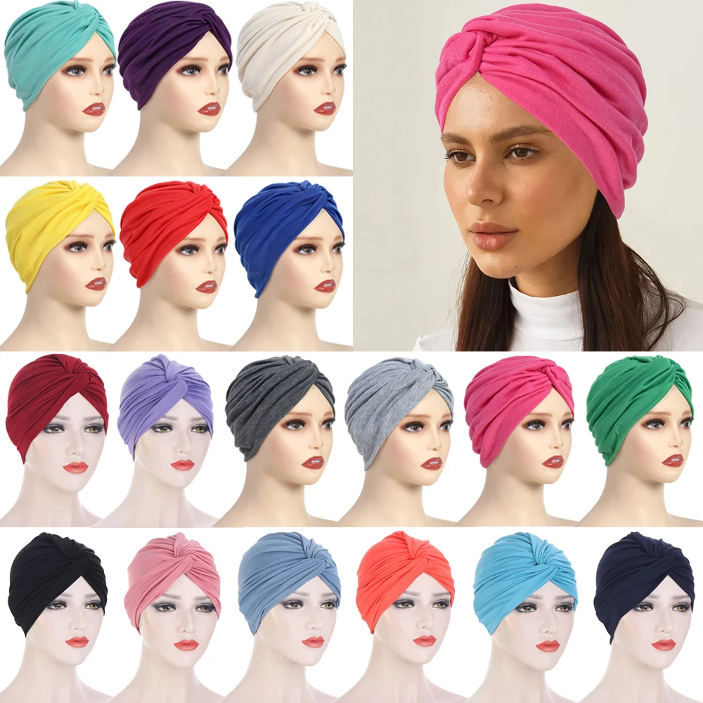 

New Women Stretchy Beanies Hat Bandanas Twist Knot Bonnet Hijab Hat Solid Color Muslim Turban Chemo Cap Headscarf Turbante Mujer