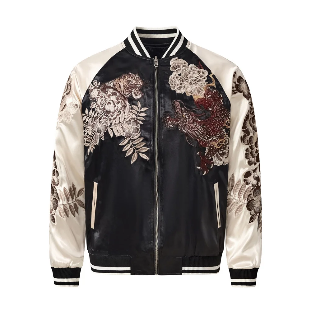 

Autumn Street Hip Hop Men's Japanese Baseball Coat Dragon and Tiger Flowers Embroidered Zipper Jacket Men Clothing