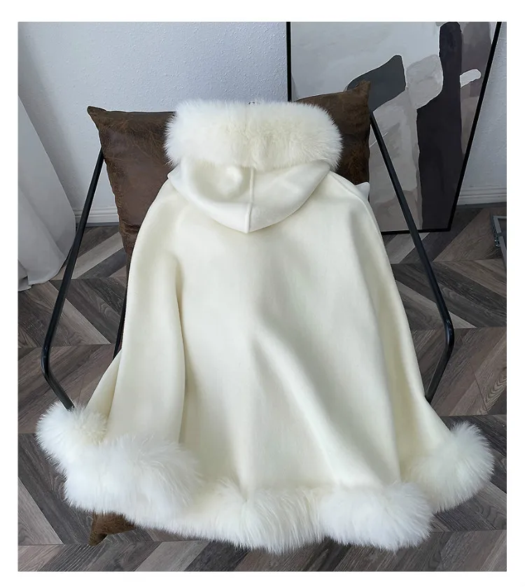 2022 Women Poncho Cardigan Real Fox Fur Coats Wool Warm Shawl Jacket Autumn Winter Black Cloak Outwear Tops