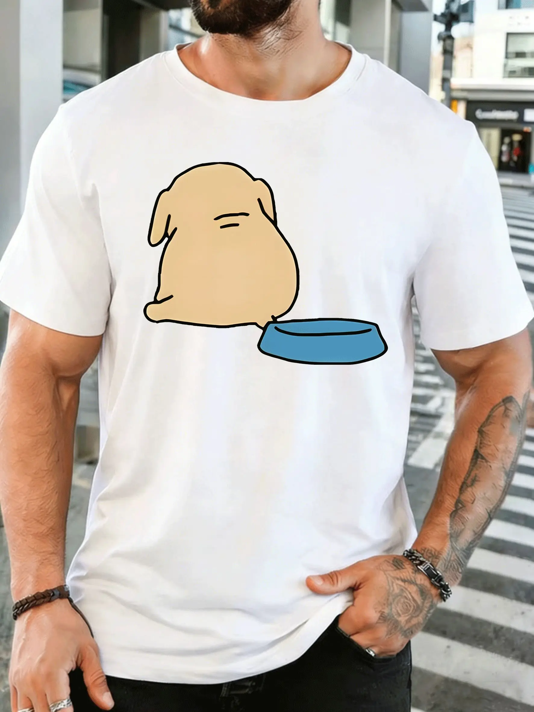 Simple Chubby Puppy With Food Bowl Mens Front Print T Shirt Minimalist Dog Graphic Tee Casual Short Sleeve Top Pet Lover Gift