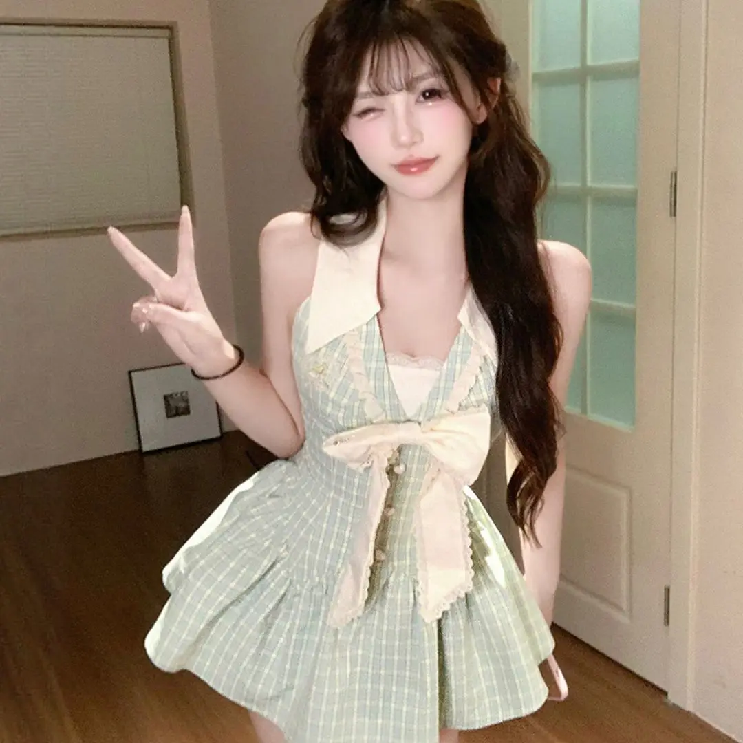 

Japan Mint Color Retro Bow Halter Dress Women'S Summer Slimming Waist Plaid Tutu Skirt