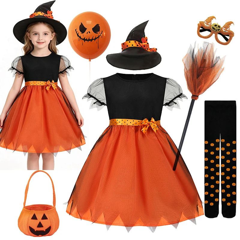 Halloween Kinder Mädchen Orange Hexenkostüm Kleid Hexenhut Besen Kürbis Socke Ballon Kürbistasche Maskerade Party Cosplay Outfit – Detail 3