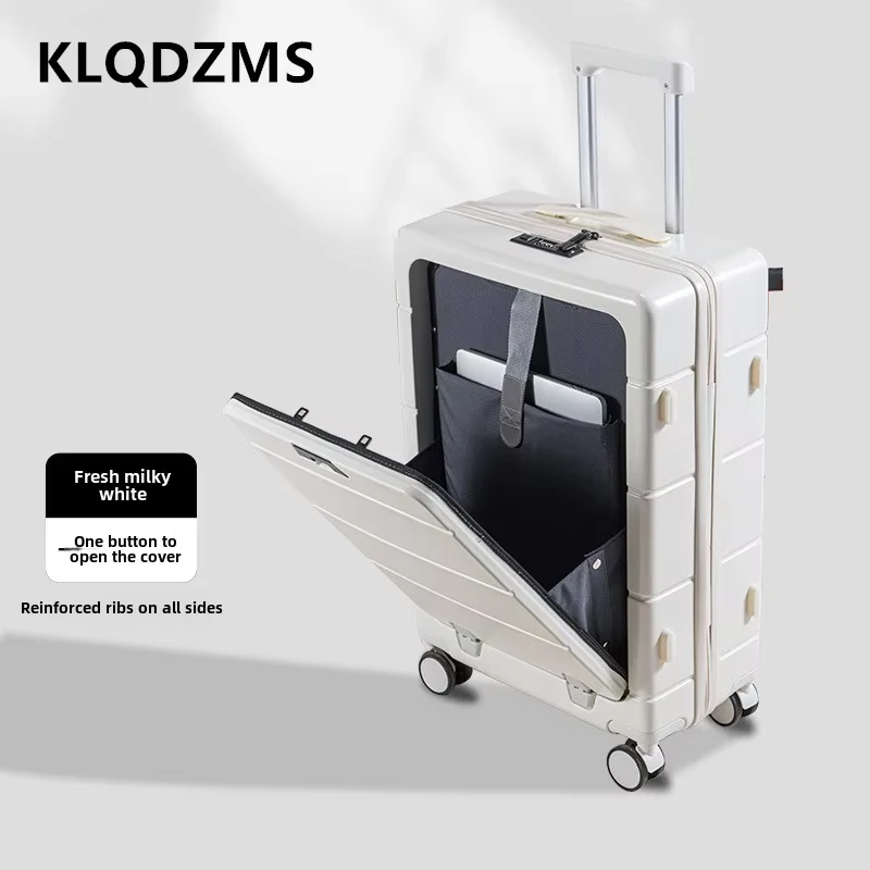 KLQDZMS Laptop Suitcase Front Opening Boarding Case USB Charging Trolley Case 20"24"26 Inch ABS+PC Carry on Travel Luggage