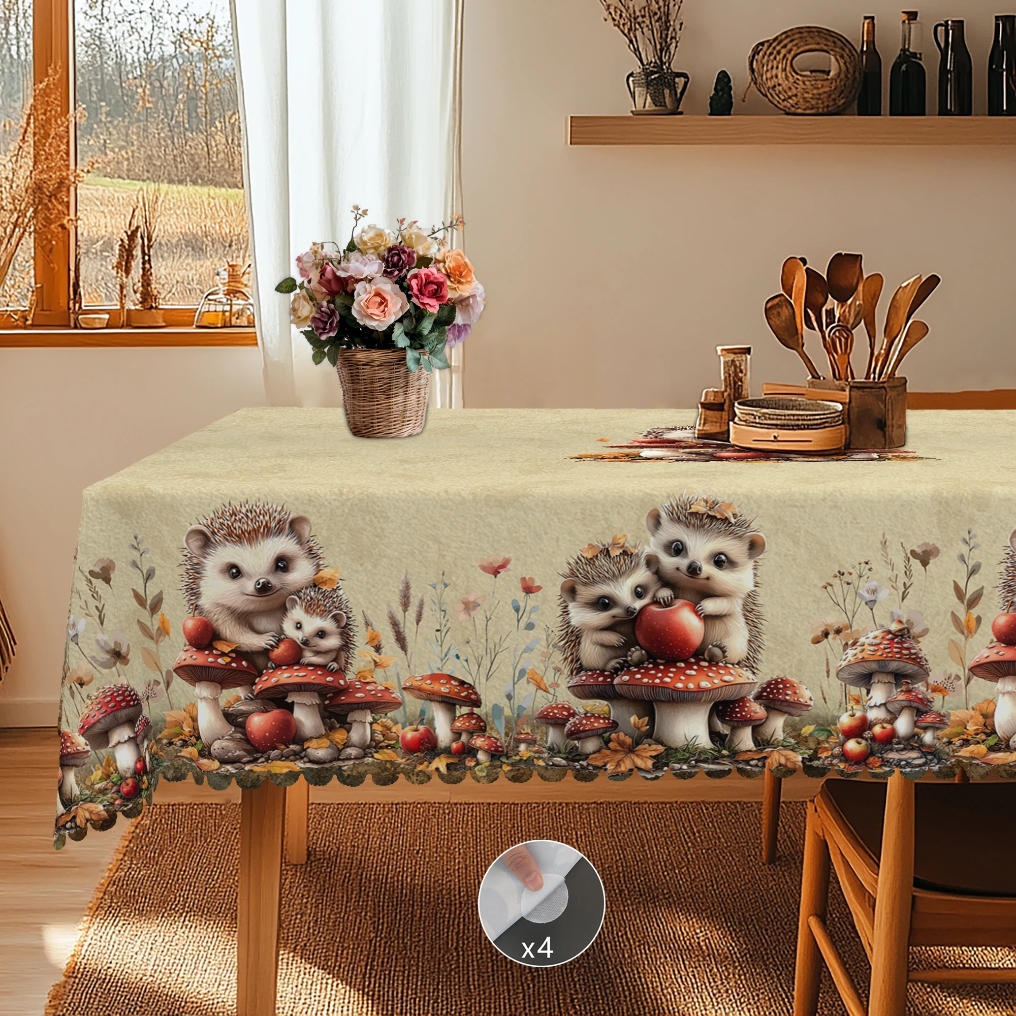 1 Animal Print Tablecloth, Retro Country Farmhouse Style, Hedgehog, Mushroom Pattern Design, for Holiday Parties, Camping Style, Picnic, Garden Party Decoration, Kitchen Accessories, Restaurant Terrace, Indoor and Outdoor Use, Perfect Gift for Friends, Multiple Sizes Available