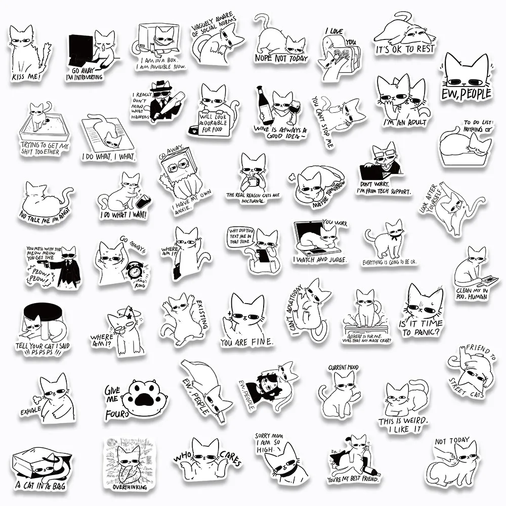 50PCS Cartoon Cat MEME Stickers INS Style Cute Graffiti Decals For Laptop Skateboard Cup Suitcase Guitar Waterproof Stickers