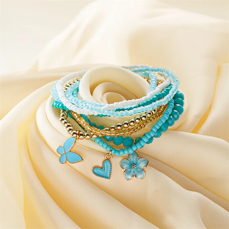 9-teiliges Set Böhmische Schmetterlings-Blumen-Anhänger-Armbänder für Frauen, Handgefertigte Reisperlen-Armbänder, Gestapelte Armbänder, Sommer-Strandparty-Schmuck – Detail 15