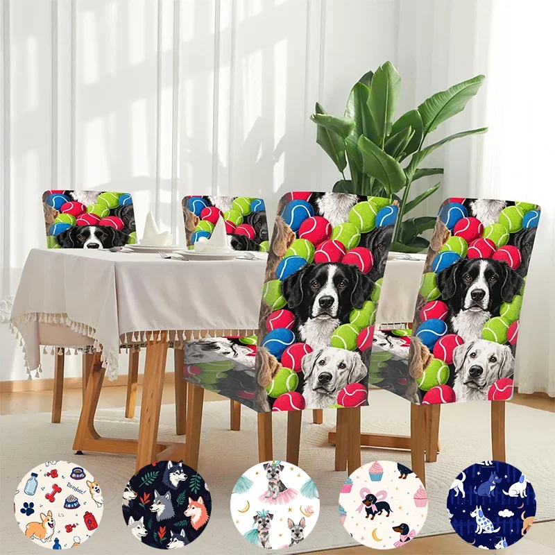 Stretch Dining Chair Cover Colorful Dog and Tennis Pattern Removable, Washable, Home Dining Chair Cover