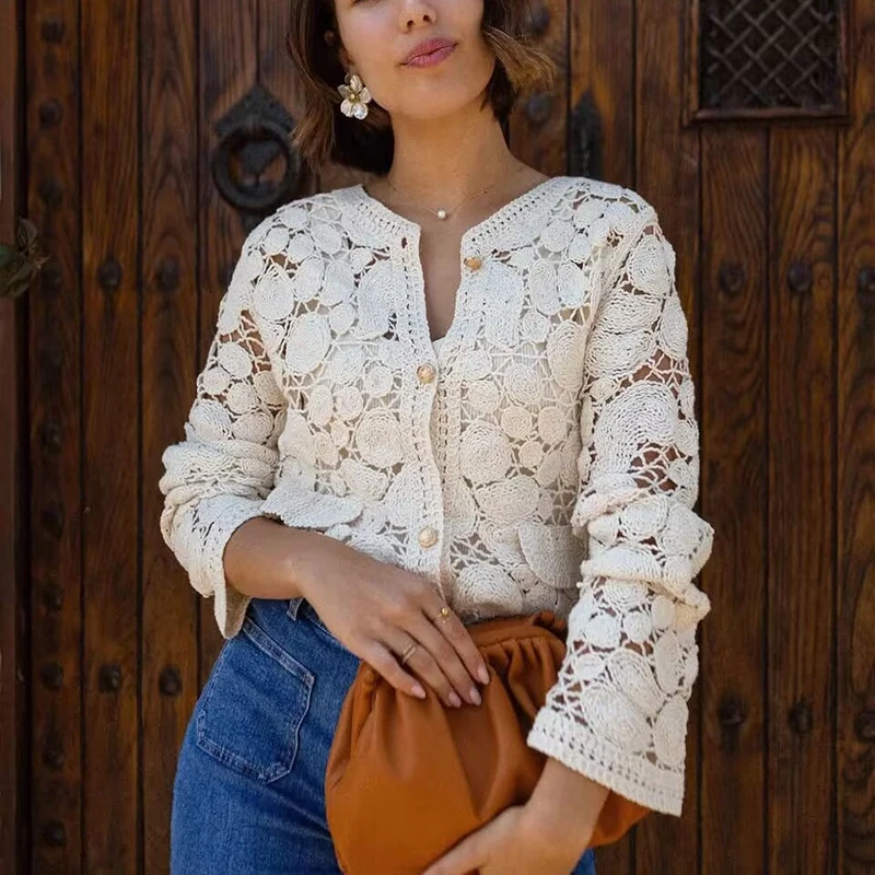 Camicia da donna monopetto sottile per il tempo libero Temperamento Cardigan scavato in pizzo tinta unita Top da pendolare a maniche lunghe da donna elegante