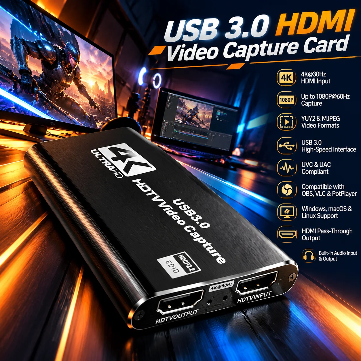 HDMI Video Capture Card Box USB 3.0 4K@30Hz Input 1080p@60Hz Capture MJPEG YUY2 UVC UAC for OBS VLC Windows Linux MacOS