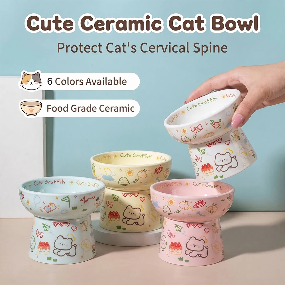 1PC Cat Bowl Ceramic Cartoon Cat Bowls Dog Raised Food Feeding Dish Ceramics Cat Neck Protection Elevated Feeder Bowl 6 Colors