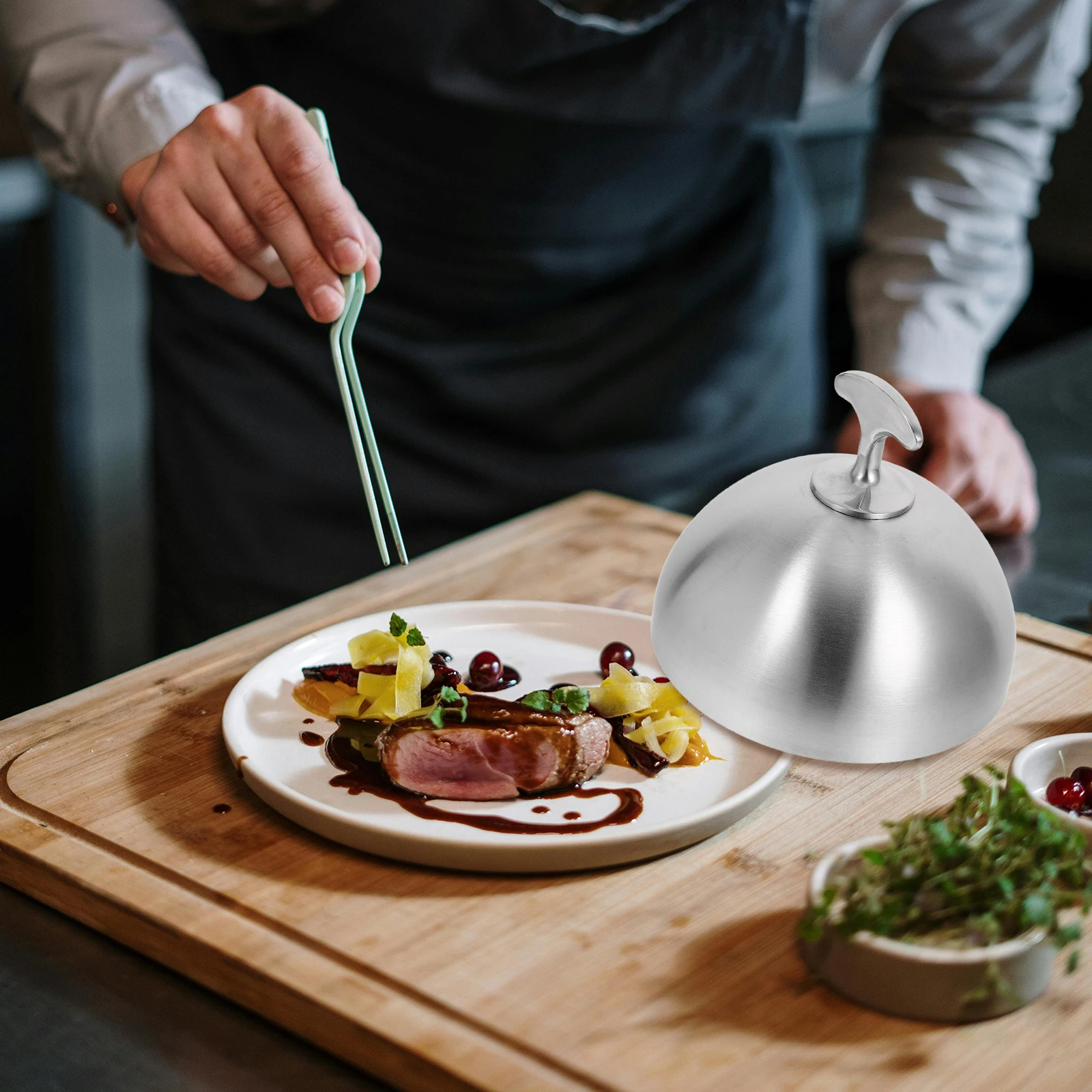 

1pc Stainless Steel Steak For Kitchen Home Restaurant Bbq Protector Lid Oil-Proof Anti-Splashing Cover With Handle Portable Food