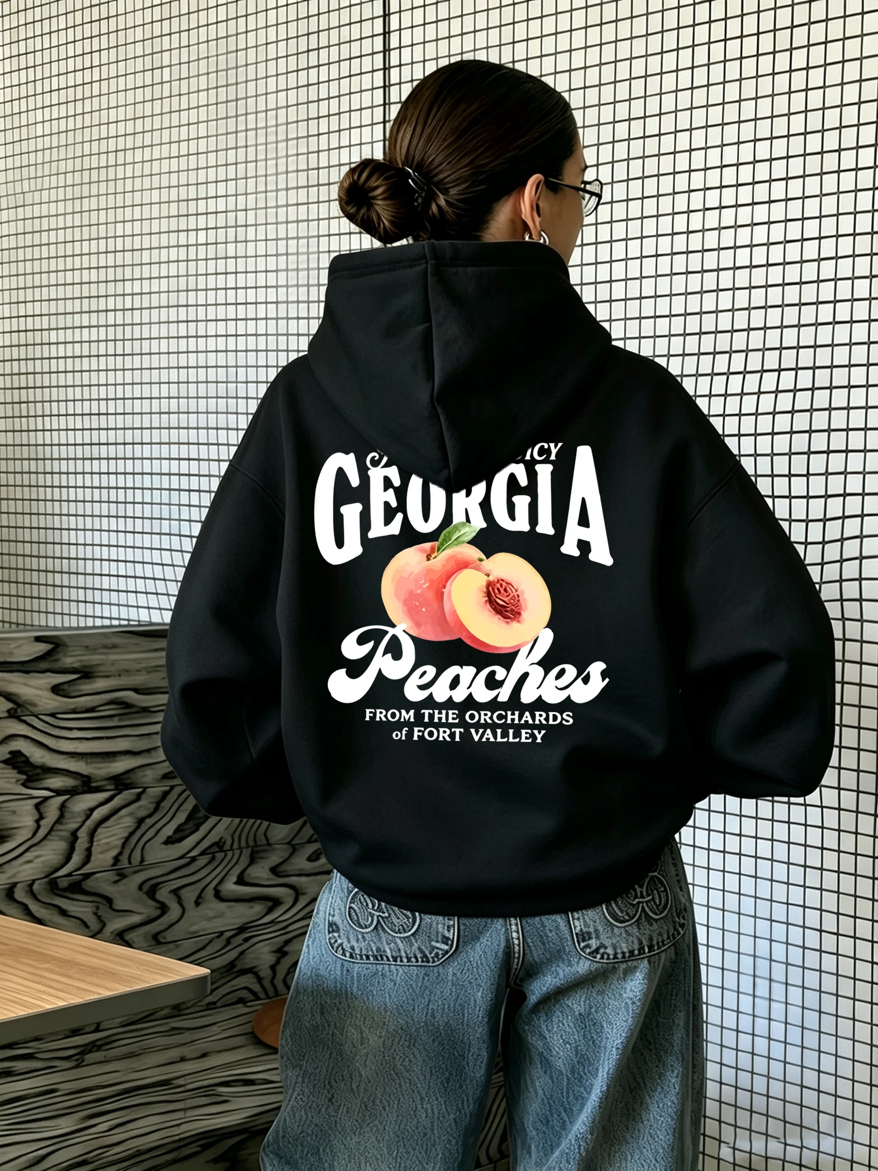 Georia Fresh Juicy Peaches Pattern Women Street Fleece Hoodie O-Neck Autumn Sportswear Soft Y2K Clothes Pocket Oversized Tops