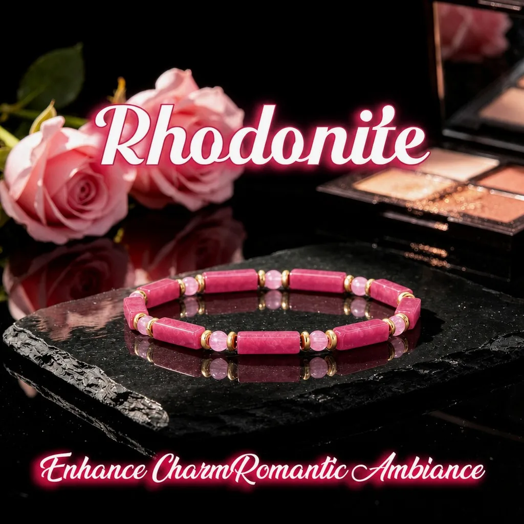 Handmade Natural Stone Rhodonite Square Beaded Stretch Bracelet Elastic Cord Fashion Jewelry Gift Women Men
