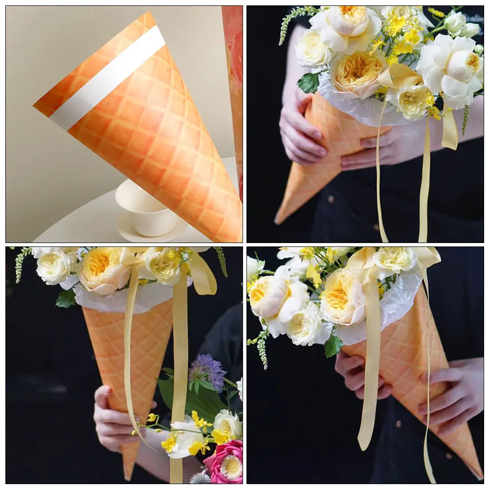 10Pcs Ice Cream Cone Flower Bouquet Wrapping Paper Unique Decorative Floral Wraps Petal Cones for Weddings Birthdays Bouquet - view 2