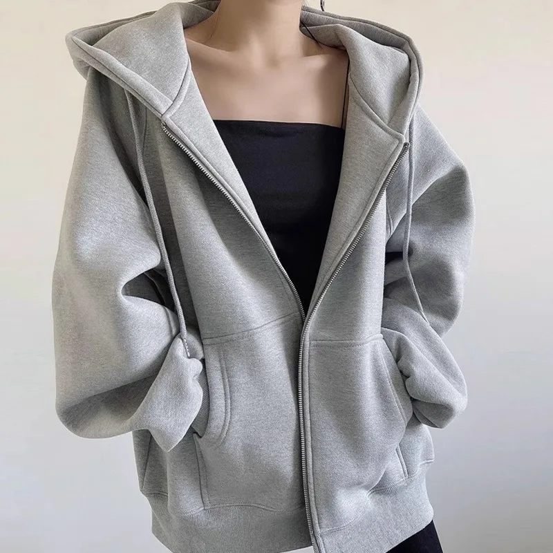 

Loose Hoodie 2025 New Autumn Jacket for Women, Gray Zipper Cardigan Top for Winter.