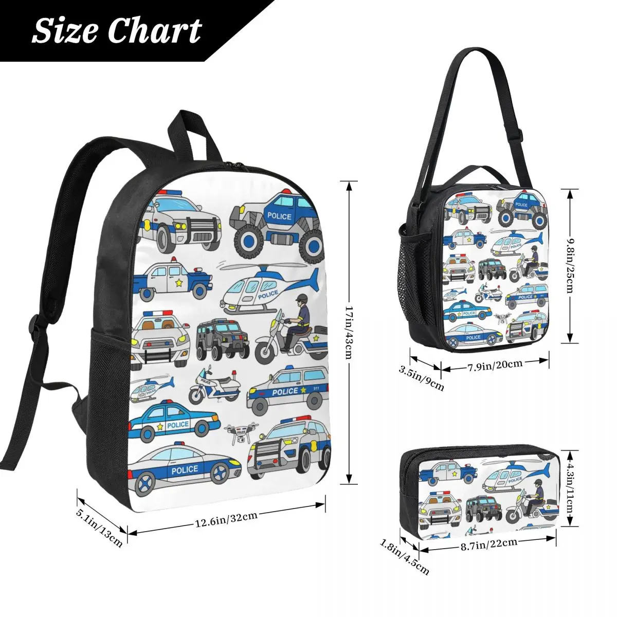 Police Car Design Backpack Student Boys Girls BookBag School Bag Computer Shoulder Bags 3ps Insulated Lunch Bag Pencil Case