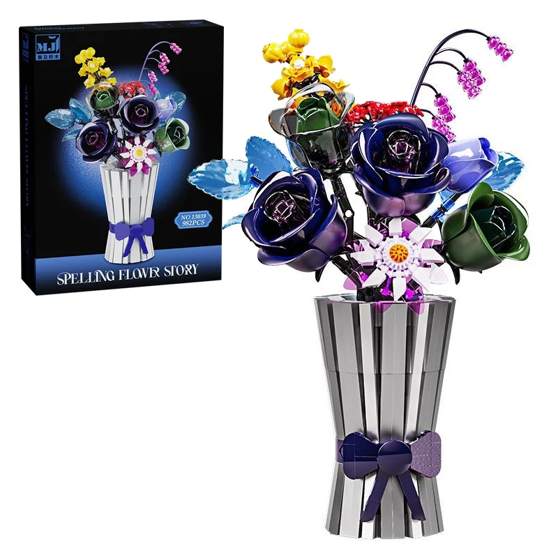 

982PCS Silver Bag Rose Bouquet Building Blocks Vase Set Children's Assembled Toy Simulated Flower Plant Home Decoration Ornament