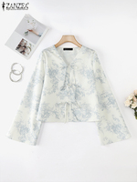 Women Blouses Fashion 2025 ZANZEA Long Sleeve Blusas Open Up Casual V-Neck Flare Sleeve Chemise Elegant Printing Top Tunics