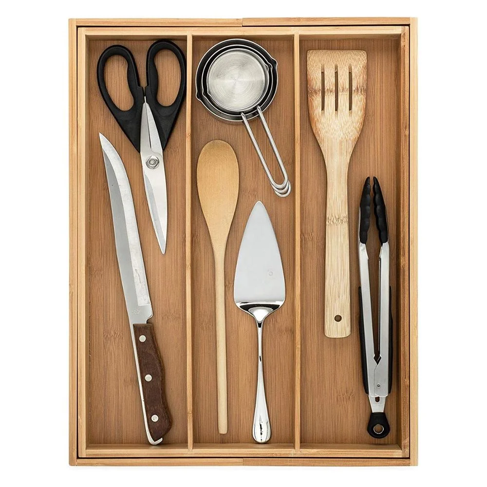 Bamboo Expandable Cutlery Organizer Tray Silverware Holder and Utensil Drawer for Kitchen Jewelry Storage Tableware Organizer