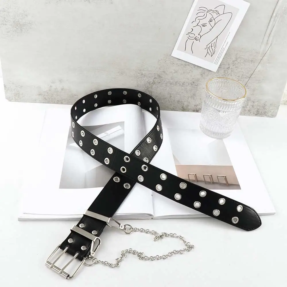 Luxe persoonlijkheid legering lange pin gesp vrouwen dubbele rij lederen riem riem ketting jeans decoratieve taille riem