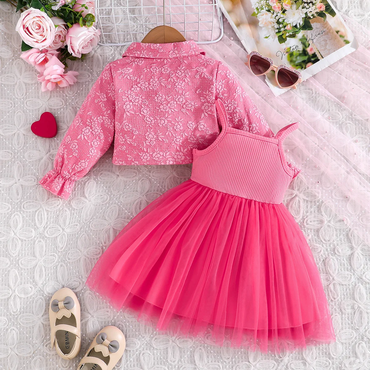 Girls Fashion 2 Piece Set Heart Pattern Jacket + Spaghetti Strap Dress European American New Arrival Trendy Outfit
