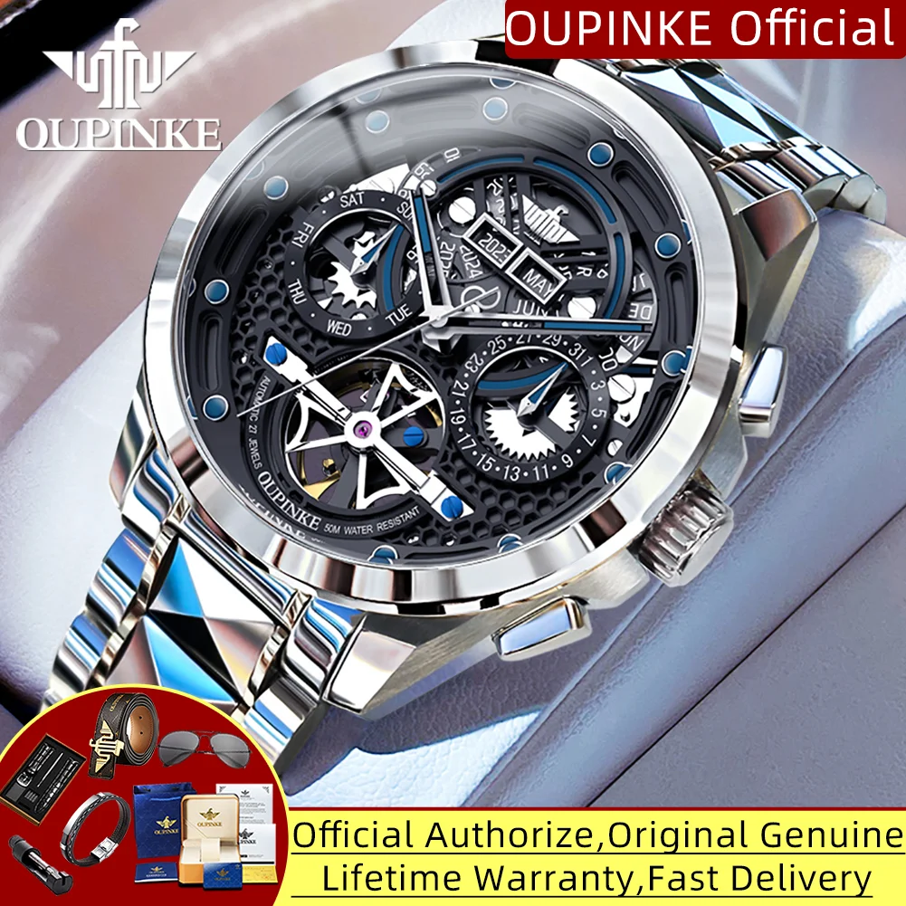 OUPINKE Automatic Mechancial Watch for Men Luxury Swiss Certificated Brand Men's Wristwatches Skeleton Hollow Fashion Man Watch